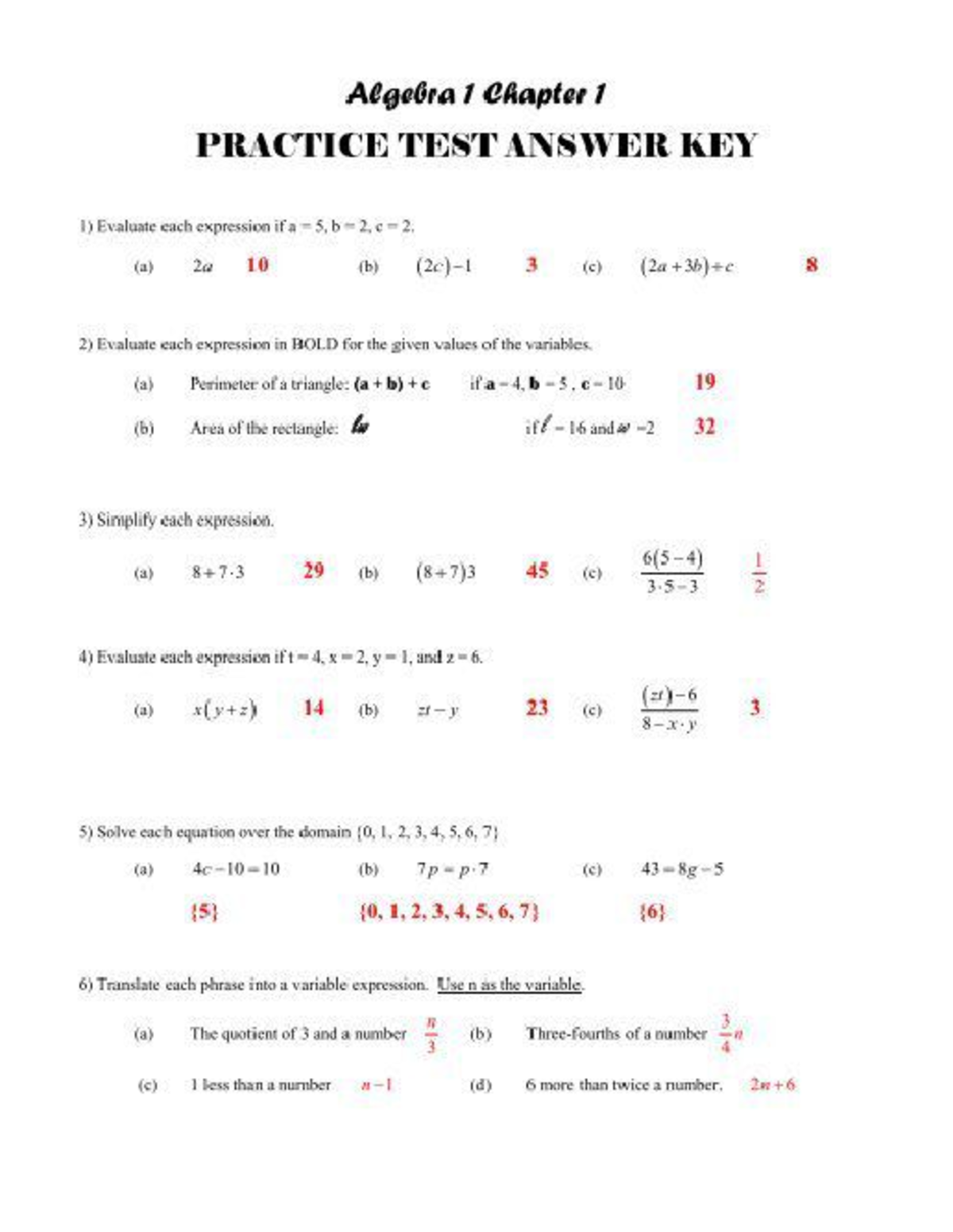 Algebra 1 chapter 1 practice test answer key - MAT 003 - Studocu