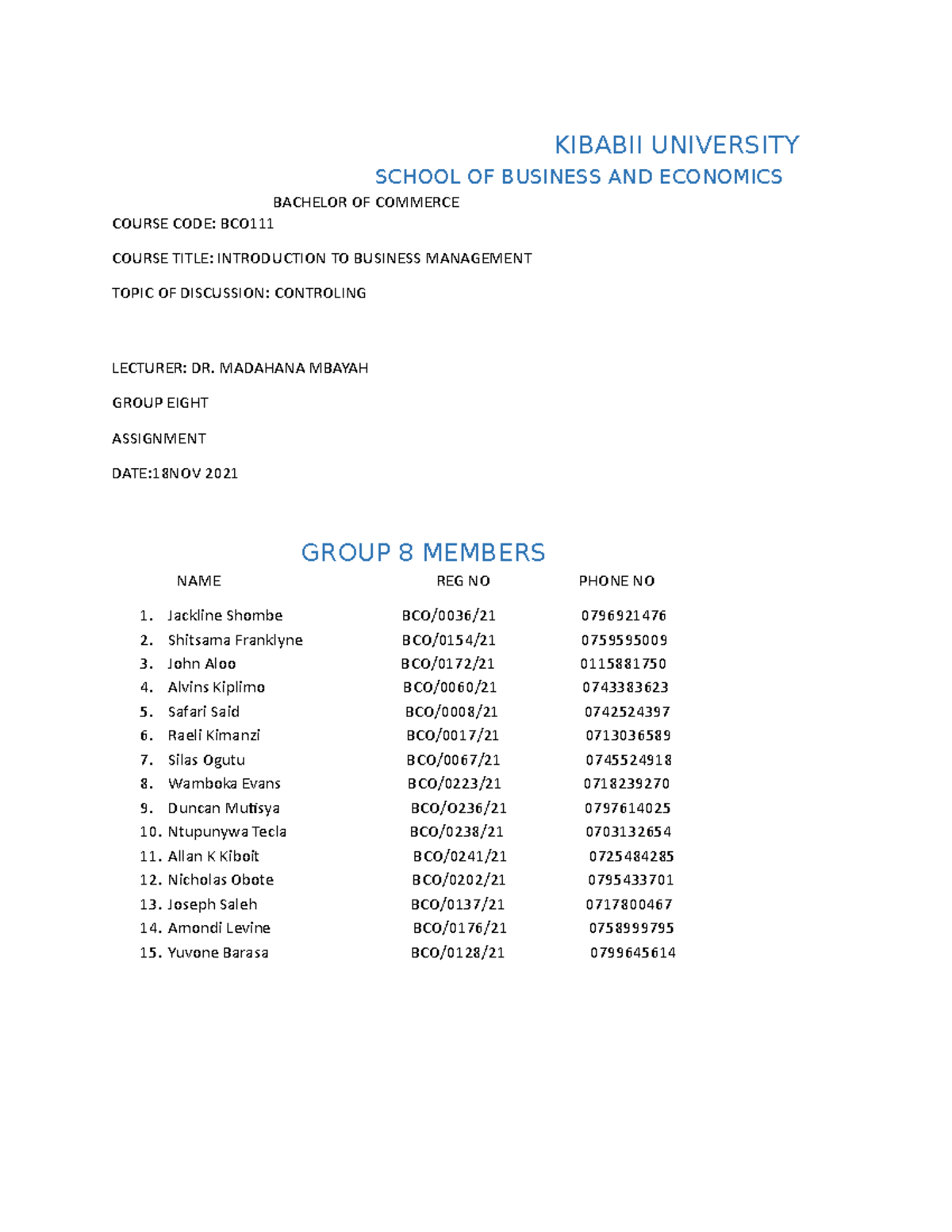 Controlling AS Managerial Function - KIBABII UNIVERSITY SCHOOL OF ...