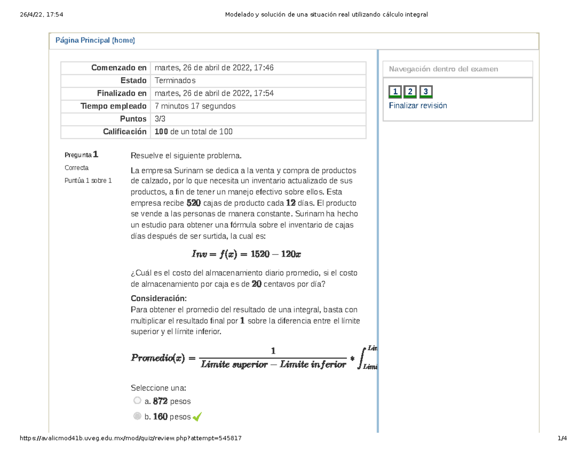 Examen Modelado y solución de una situación real utilizando cálculo