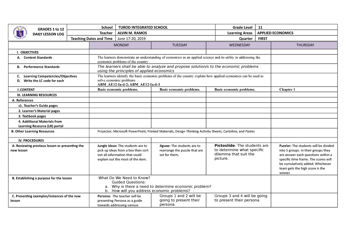 DLL- Applied Economics WEEK 3 - GRADES 1 to 12 DAILY LESSON LOG School ...