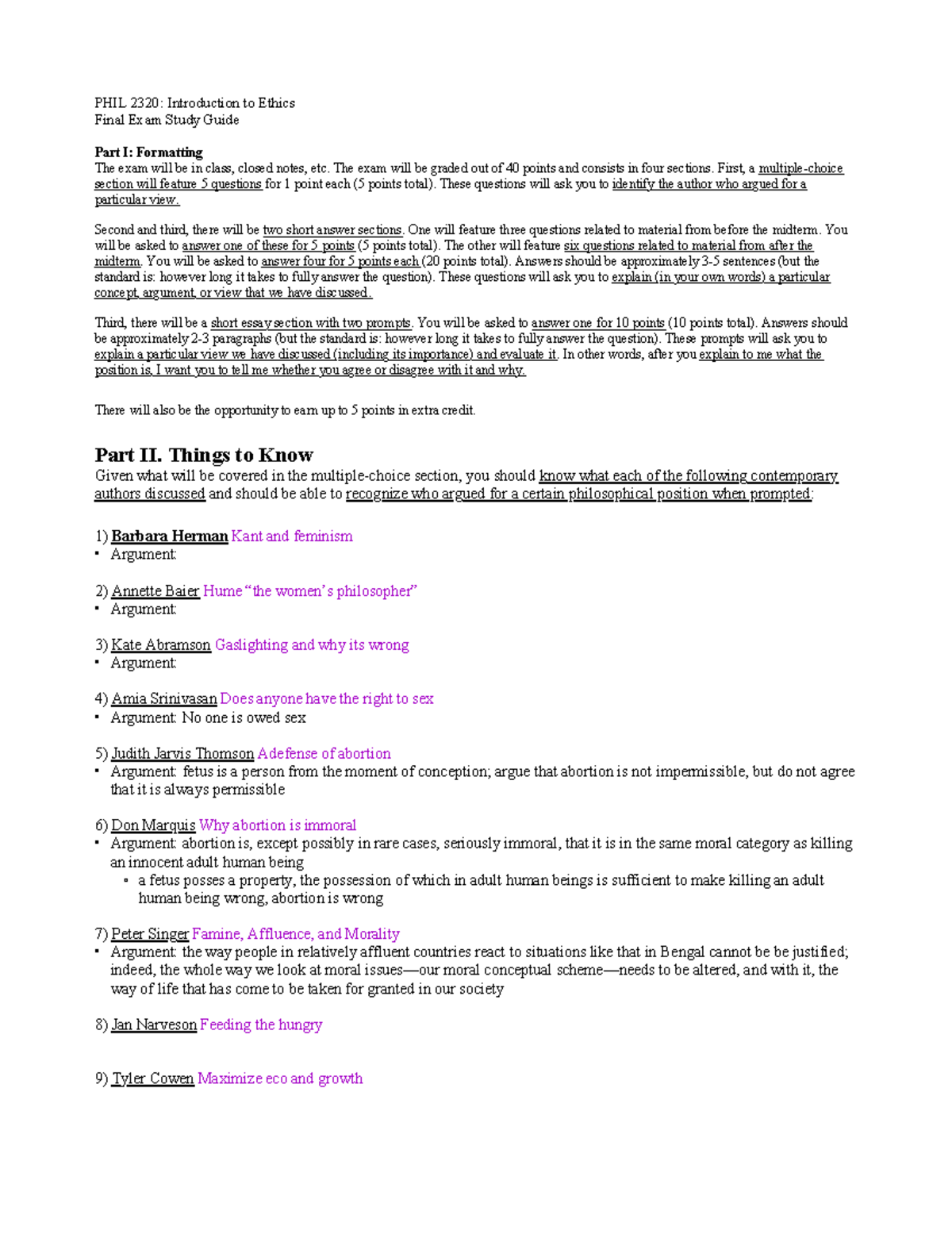 Final Study Guide 2 - An Over View Of Helpful Info For Ethics - PHIL ...