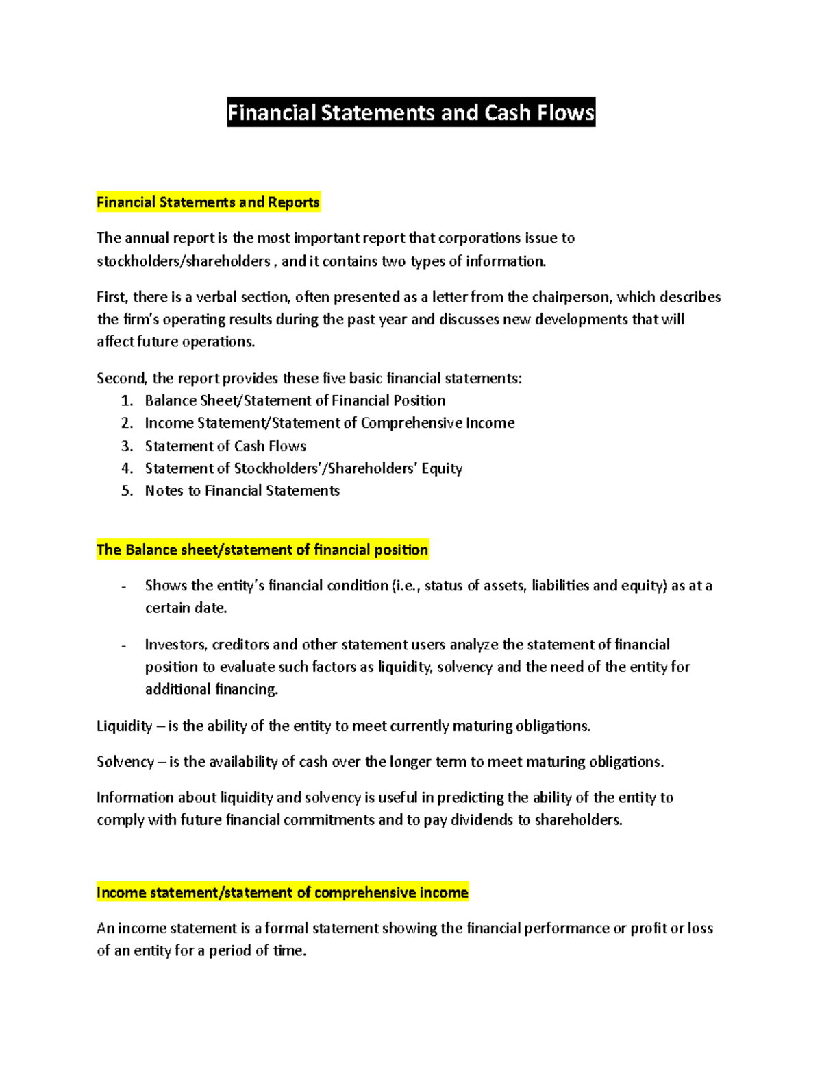 Financial Statements and Cash Flows - Financial Statements and Cash ...