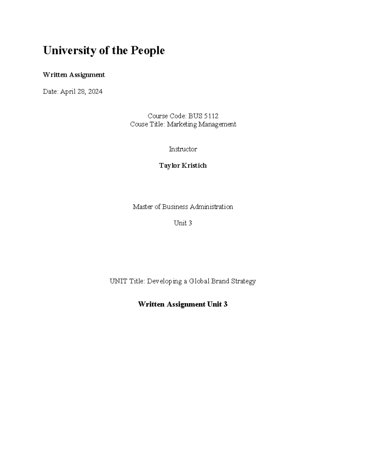 Written Assignment Unit3 BUS-5112 - University of the People Written ...
