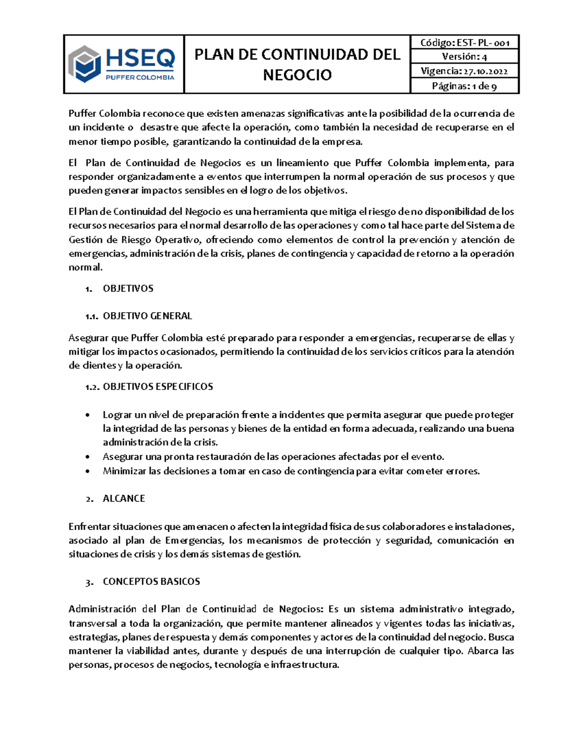 EST-PL-001 PLAN DE Continuidad DEL Negocio - PLAN DE CONTINUIDAD DEL ...