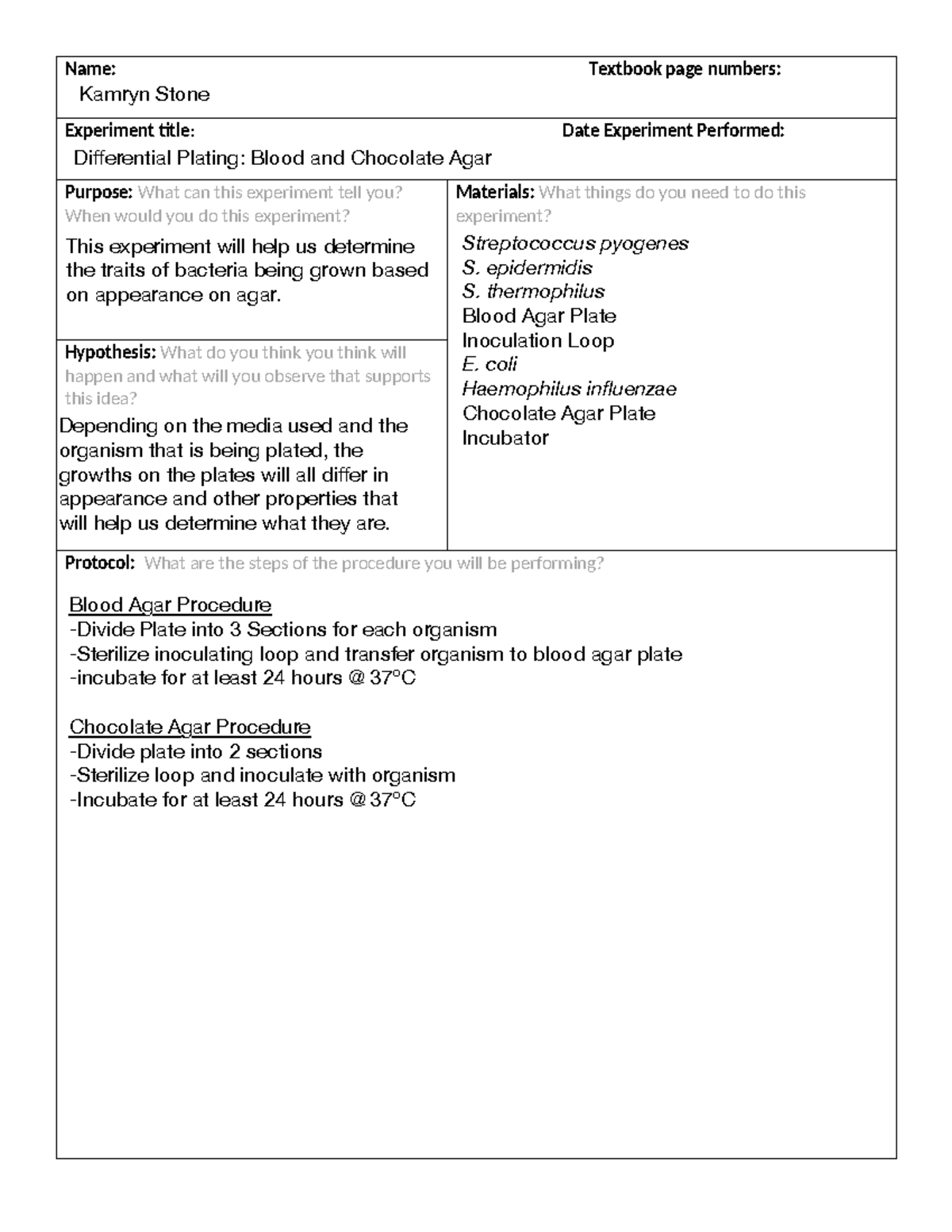 Differential Plating Blood and Chocolate Agar Lab Sheet Name