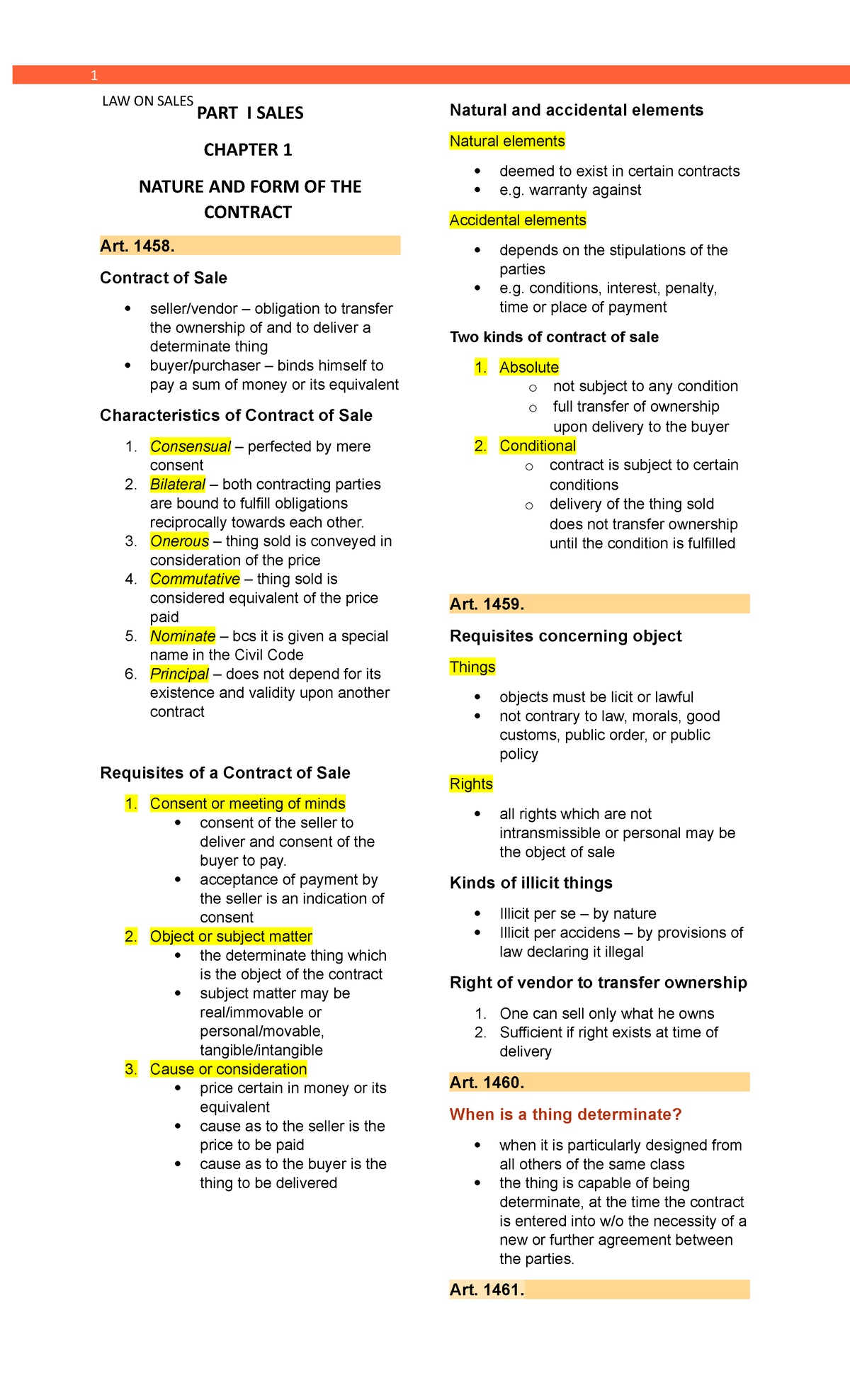 Law On Sales - PART I SALES CHAPTER 1 NATURE AND FORM OF THE CONTRACT ...