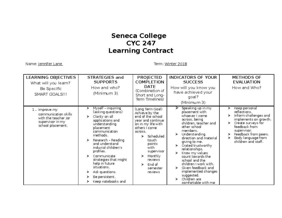 Learning Contract: Smart Goals - CYC 247 Field Work ...