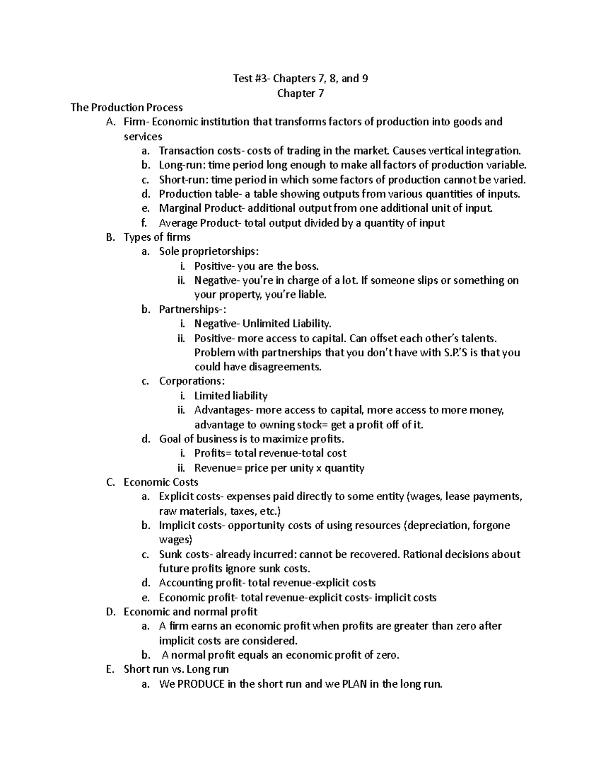 Test #3 Notes - Test #3- Chapters 7, 8, and 9 Chapter 7 The Production ...