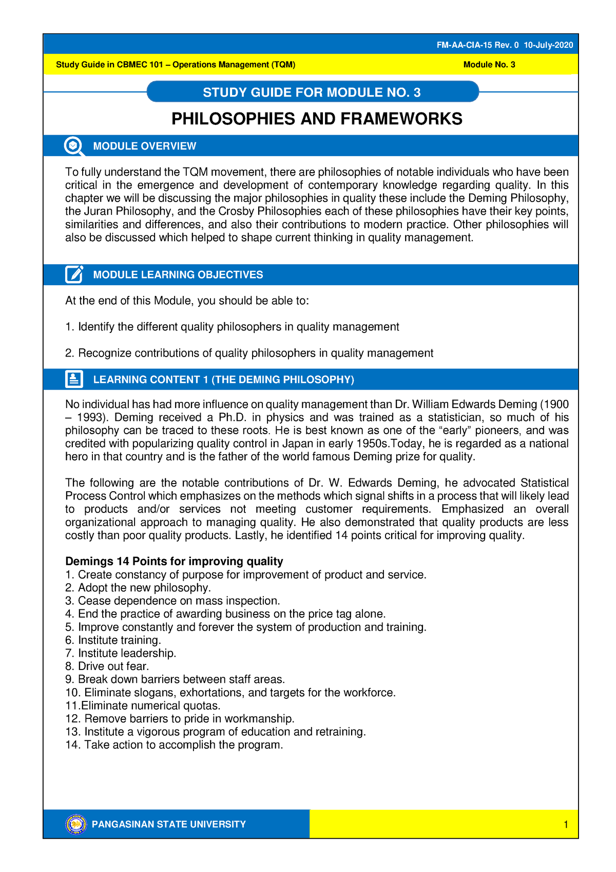 Cbmec 101 Sg 3 - Study Guide - Study Guide In Cbmec 101 – Operations 