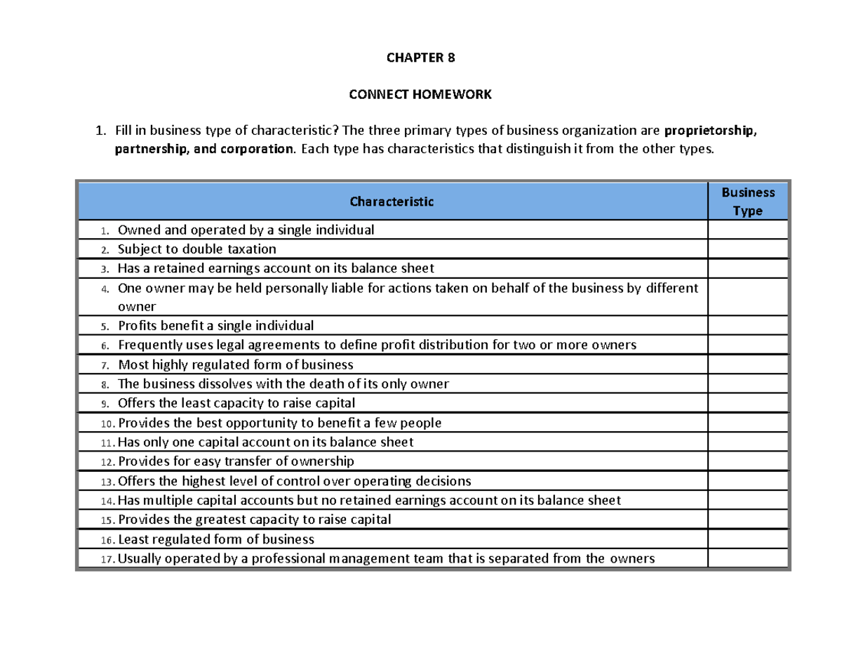 Homework Assignment for Chapter 11. - CHAPTER 8 CONNECT HOMEWORK Fill ...