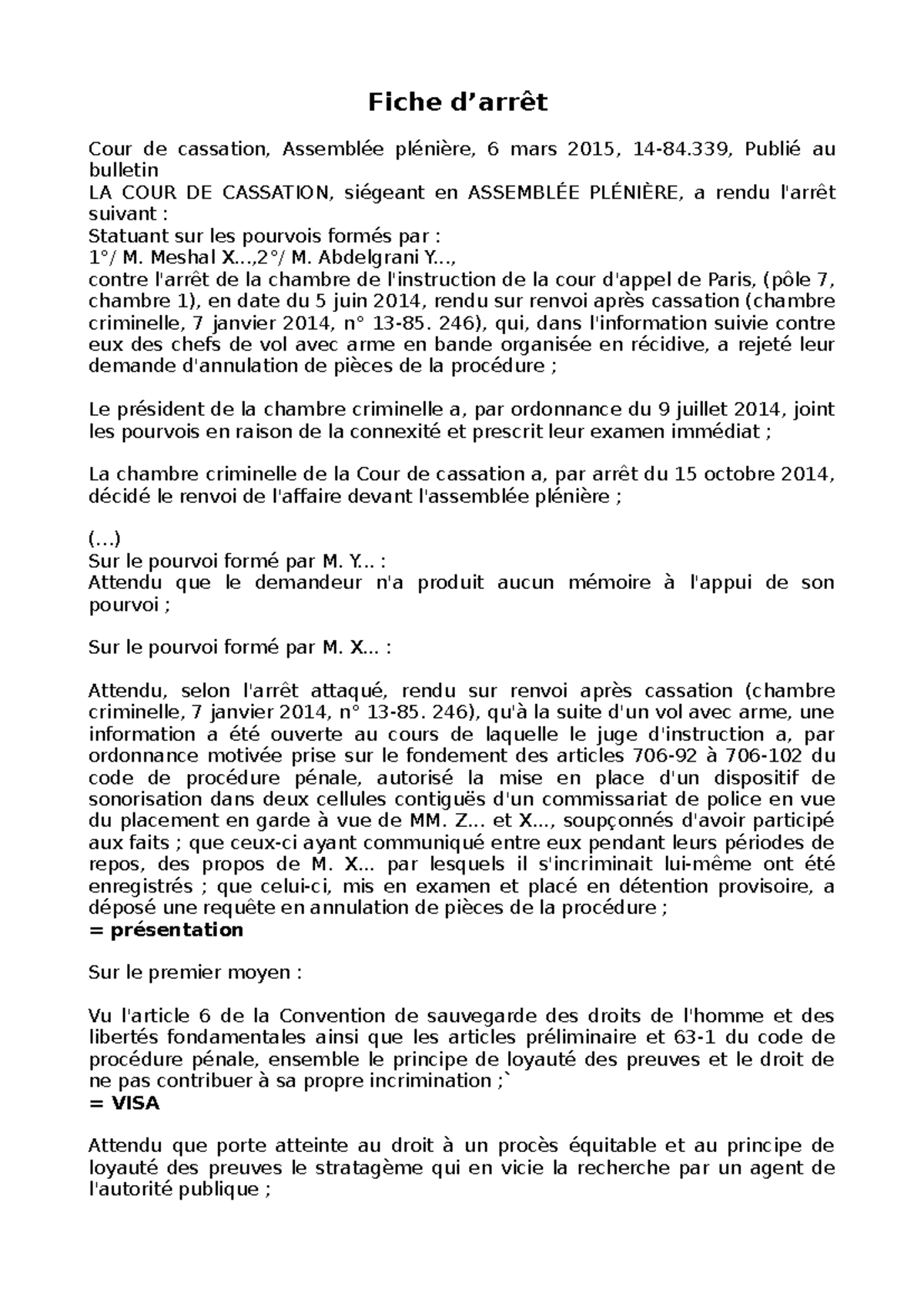 Exemple de fiche d'arrêt rédigée