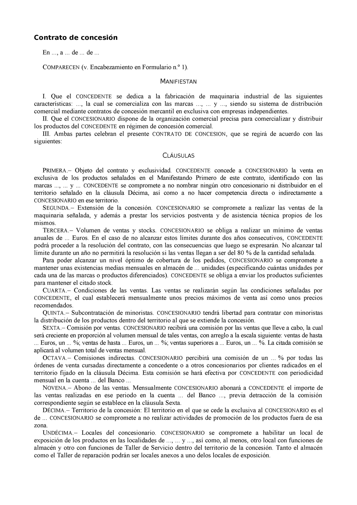 Contrato de concesión. Modelo Derecho Mercantil III UB