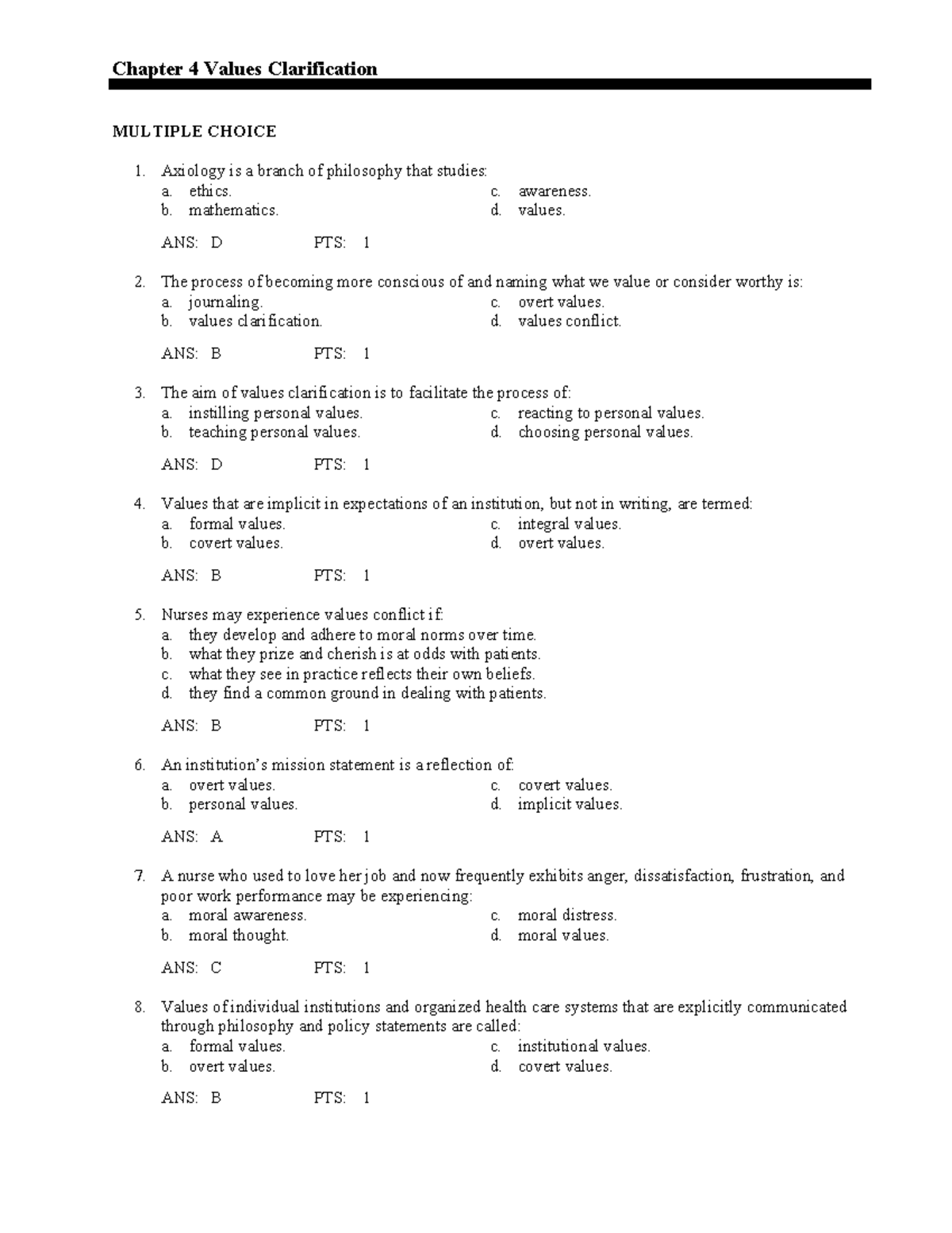 C4 - Test bank - Chapter 4 Values Clarification MULTIPLE CHOICE ...