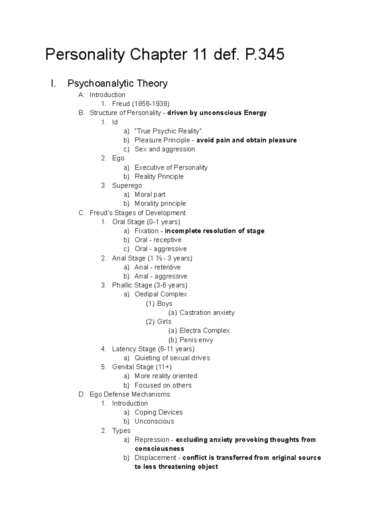 Book Notes Ch 11-13 - MTSU - Personality Chapter 11 def. P. I ...