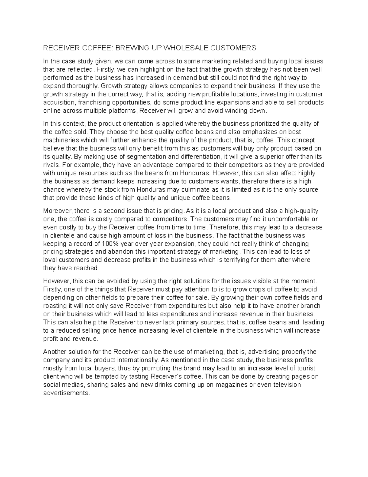 Marketing assignment RECEIVER COFFEE BREWING UP WHOLESALE CUSTOMERS