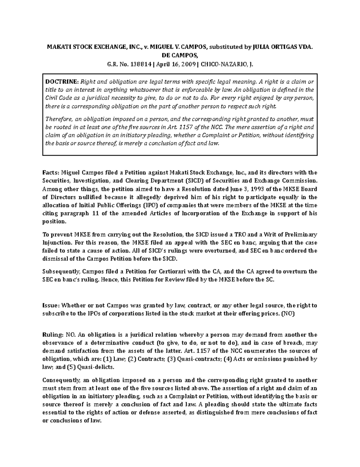 Makati Stock Exchange, INC., v. Miguel V. Campos MAKATI STOCK