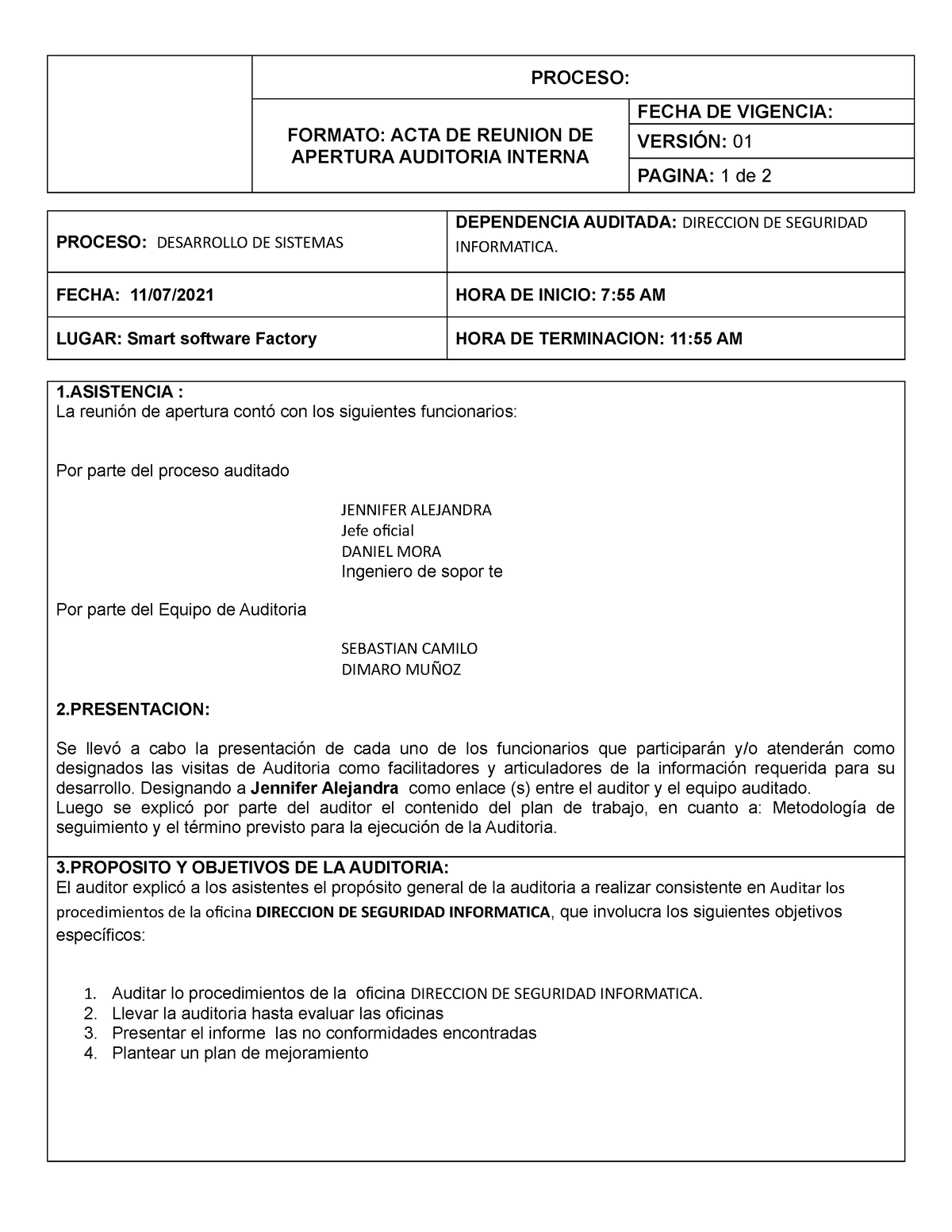 Acta De Apertura Para Una Auditoria Docsity