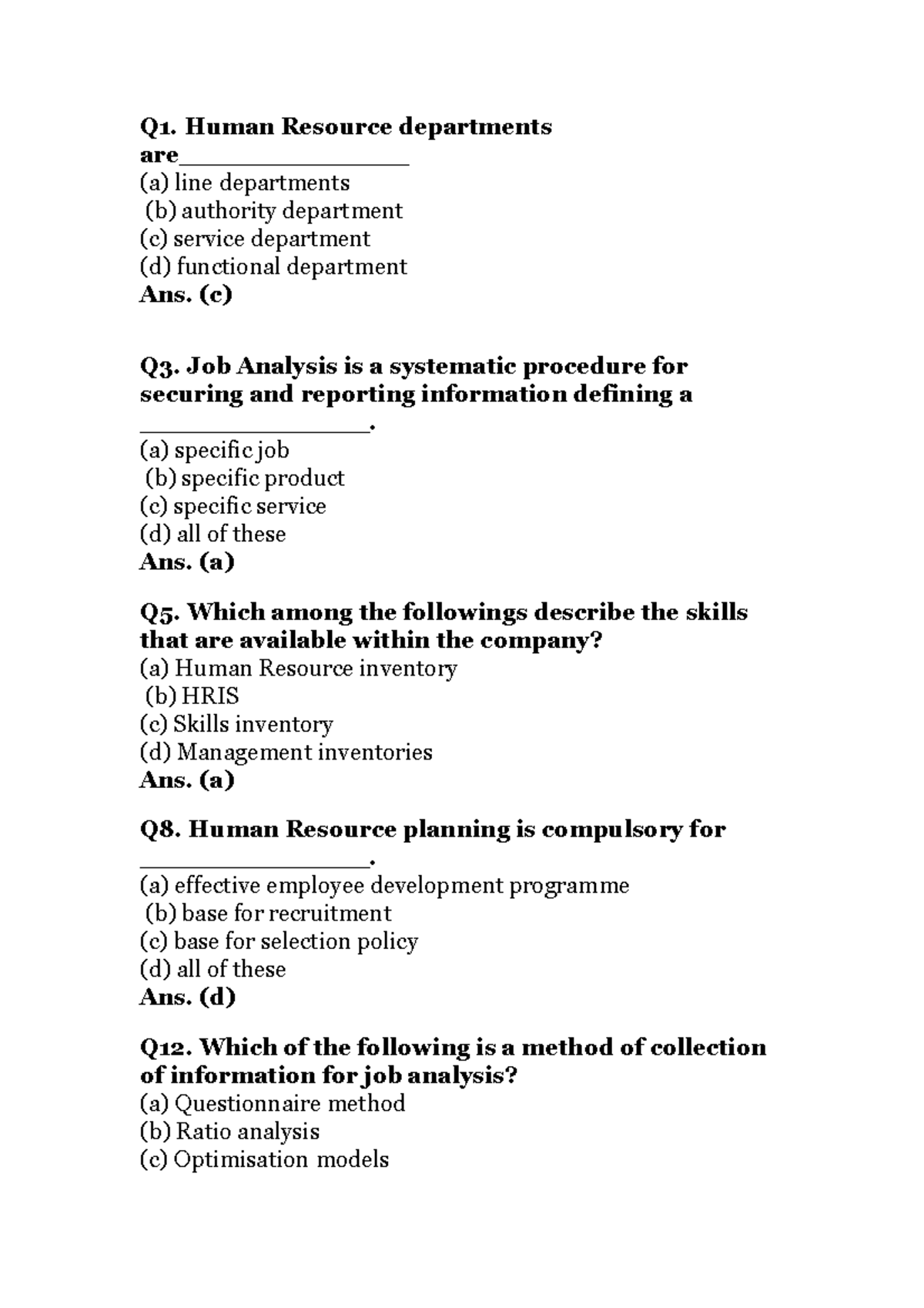 HRM MCQs 1 Human Resource Management course with question paper Q1