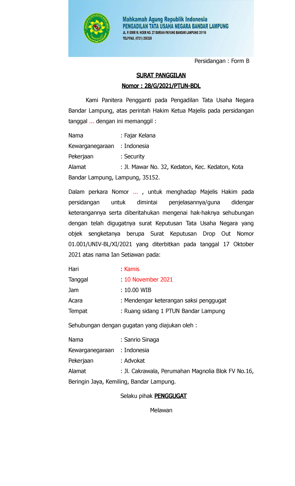 Contoh Rangkuman Surat Panggilan Saksi Tergugat - Persidangan : Form B ...