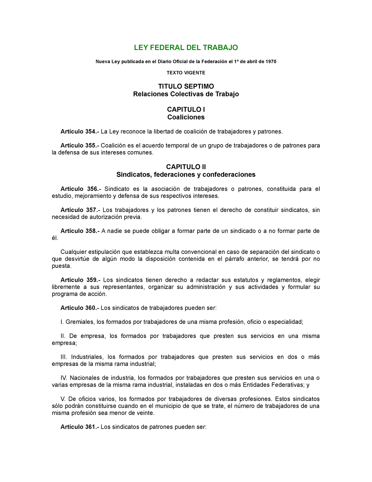 LEY Federal DEL Trabajo Titulo VII CAP I Y II - LEY FEDERAL DEL TRABAJO ...