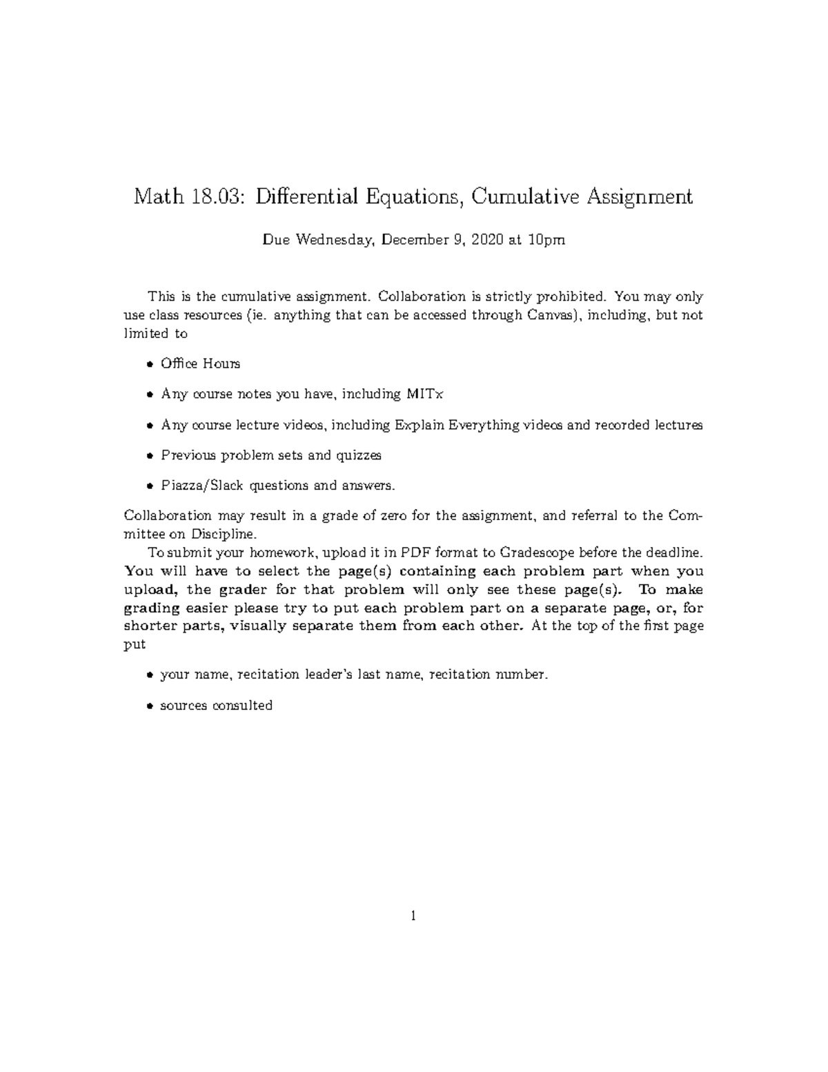 18.03 Final Project Math 18 Differential Equations, Cumulative