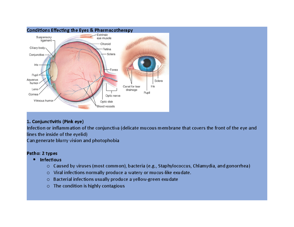 Class Notes Mod 8 - pharmacology note - Conditions Effecting the Eyes ...