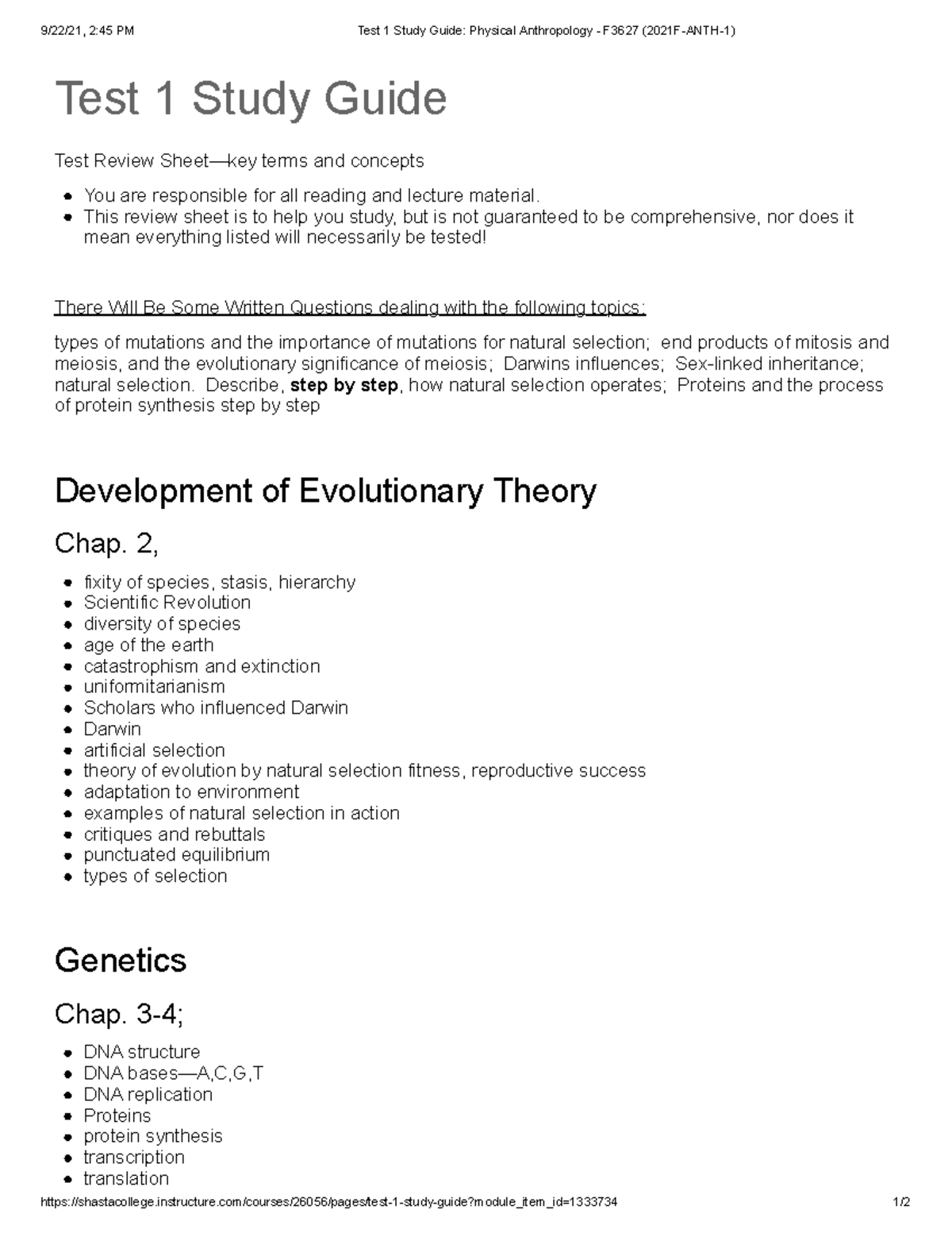 Test 1 Study Guide Physical Anthropology - F3627 (2021F-ANTH-1) - 9/22 ...