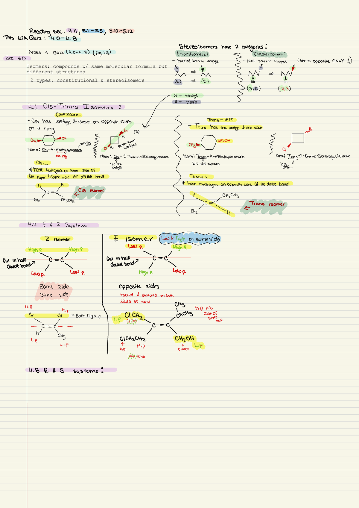 Chem CHT 4 - E/Z systems. Stereoisomers: Enanitomers/Diastereomers. Cis ...