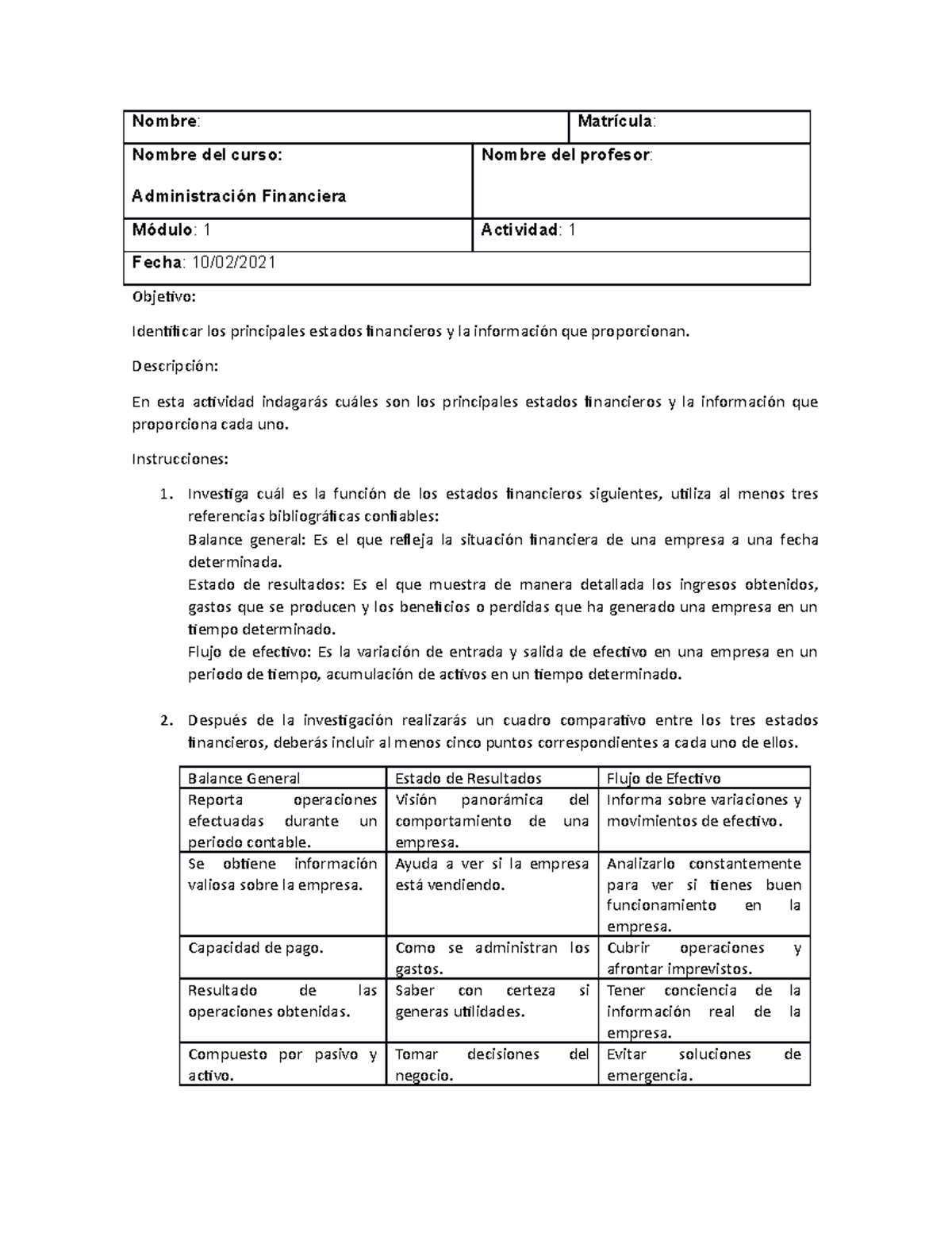 Act1 Administración Financiera - Nombre : Matrícula : Nombre del curso ...