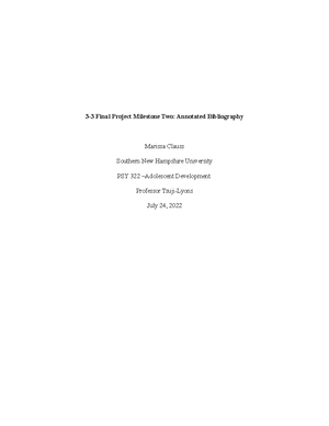 PSY 322 3-3 Final Project Milestone Two Annotated Bibliography - 3-3 ...