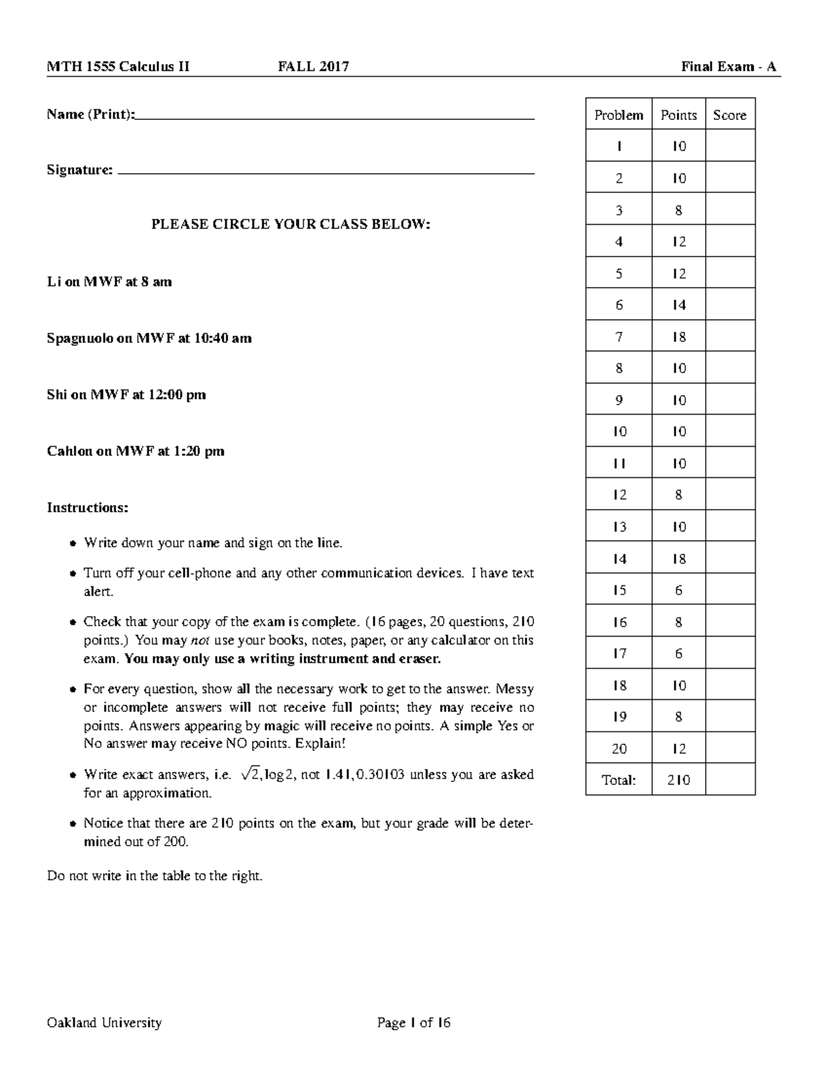 MTH 1555- Study Final Exam Fall 2017 - MTH 1555 Calculus II FALL 2017 ...
