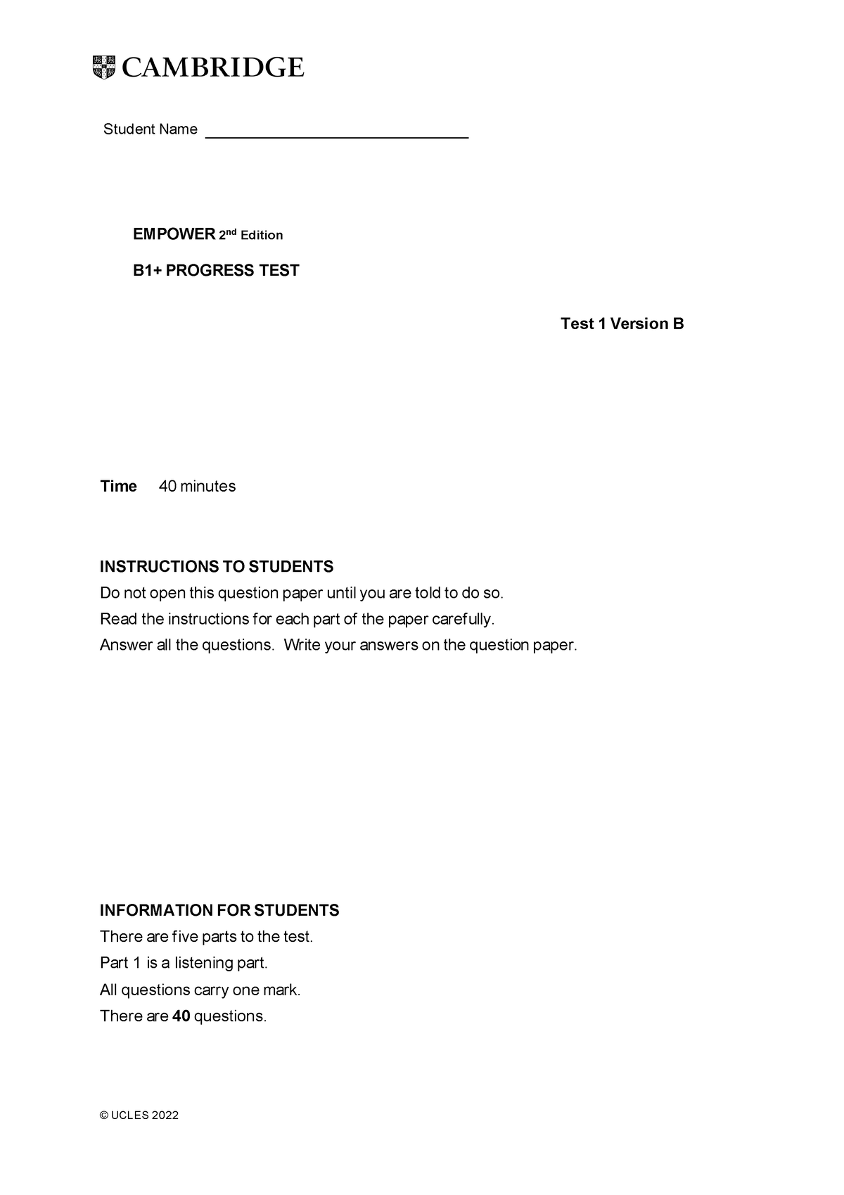 Empower Second Edition B1+ Unit Progress Test 1 - Version B - Student ...