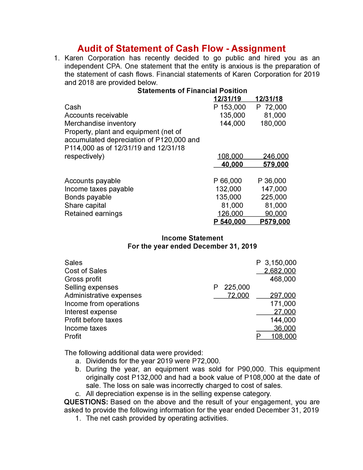 cash flow statement assignment