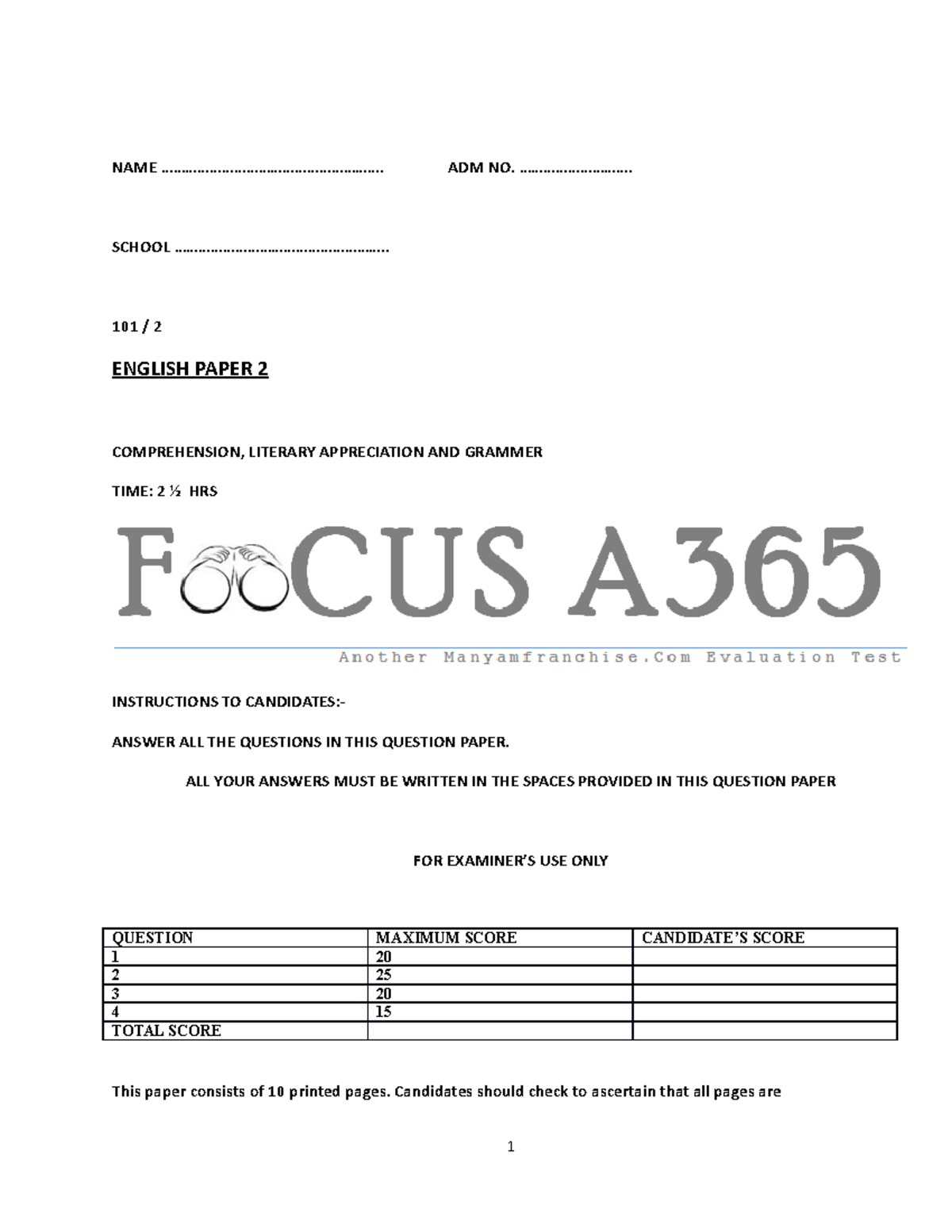 Atika school 932016 english form 3 pp2 mod09042022001 NAME Studocu