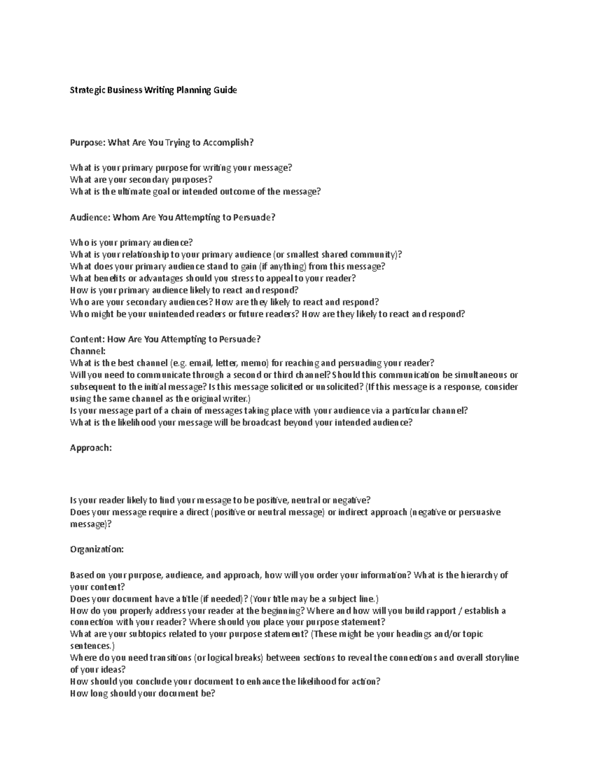 Strategic Business Writing Planning Guide - email, letter, memo) for ...