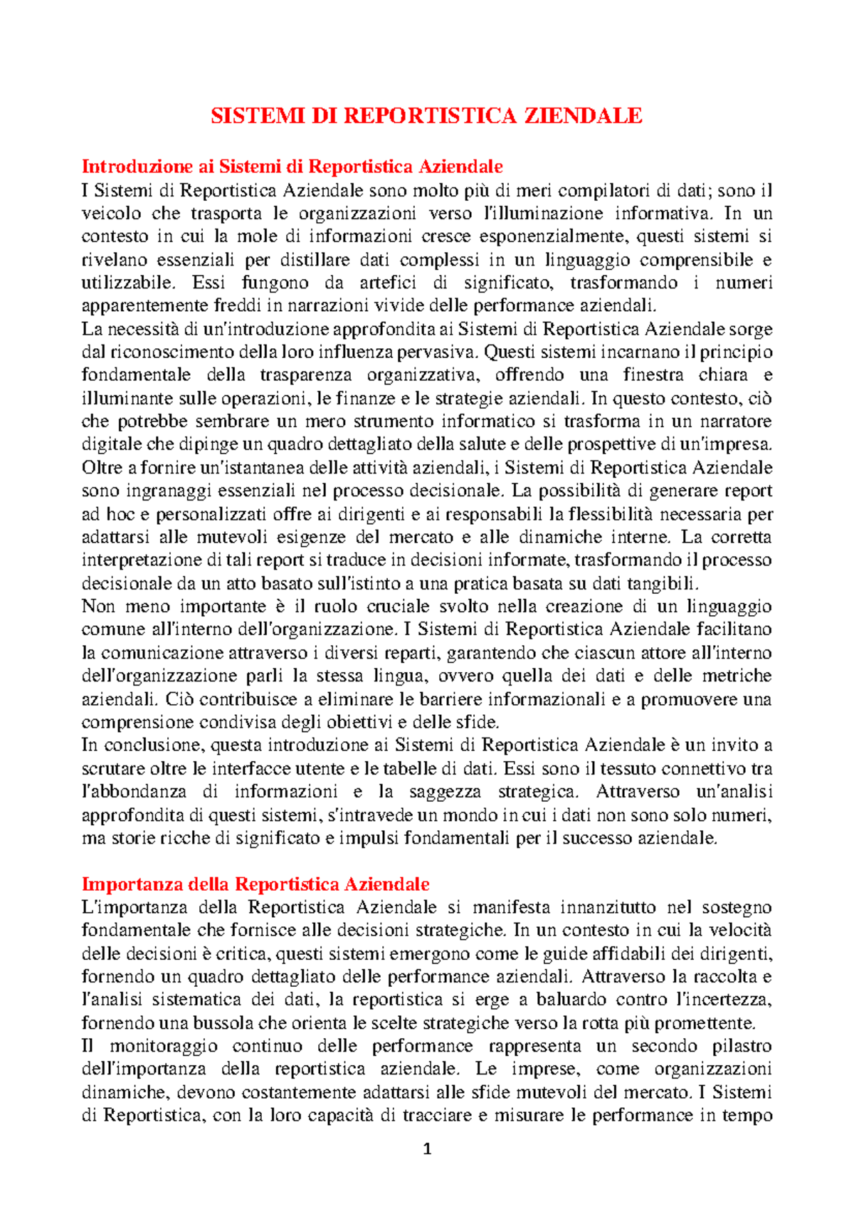 1 Sistemi DI Reportistica Ziendale - SISTEMI DI REPORTISTICA ZIENDALE ...