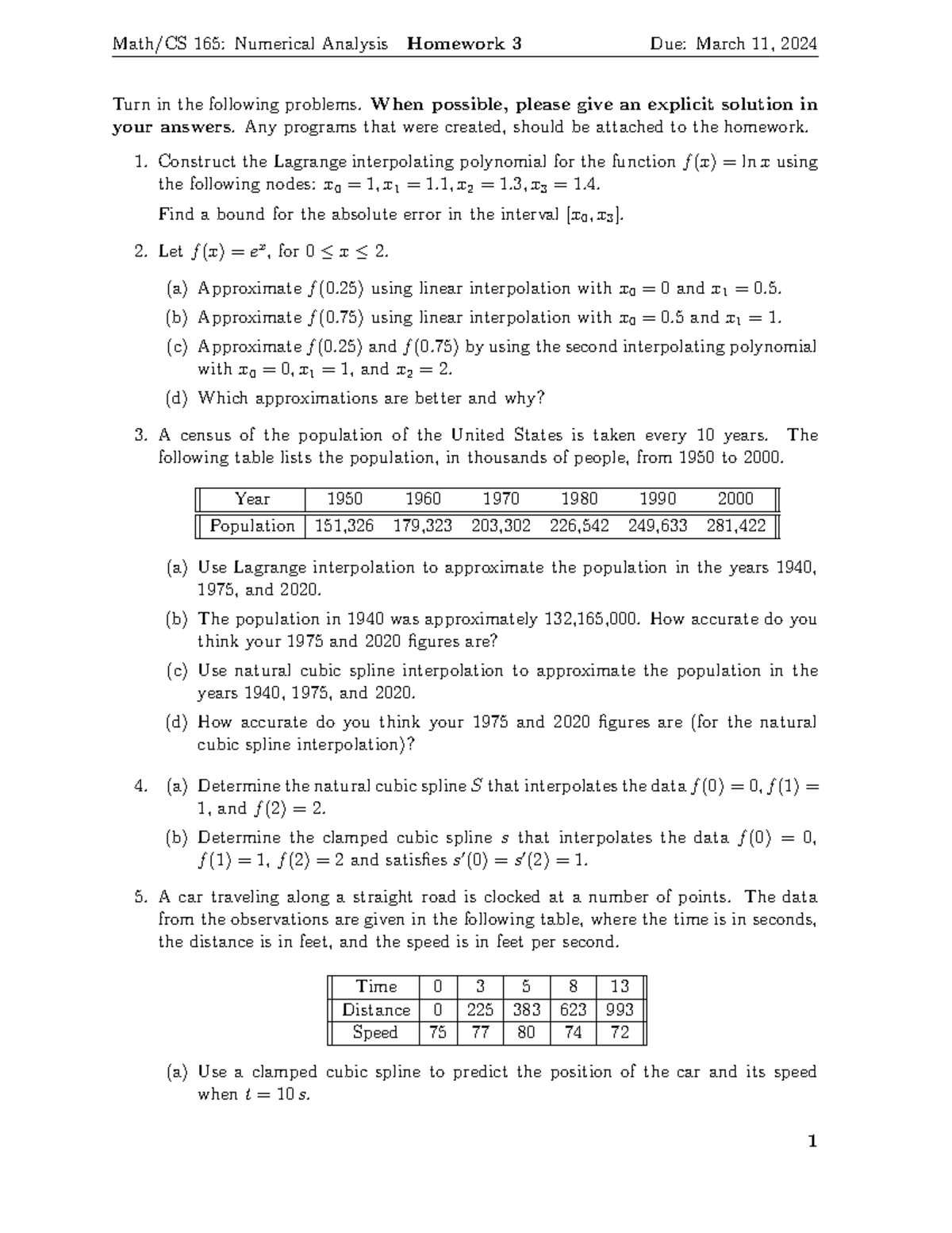 Ma165 Homework 3 HW from class Math/CS 165 Numerical Analysis