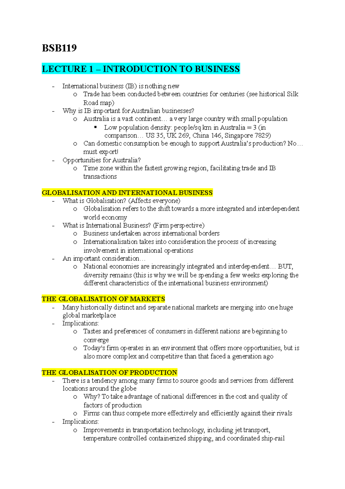 BSB119 - notes - BSB LECTURE 1 – INTRODUCTION TO BUSINESS International ...
