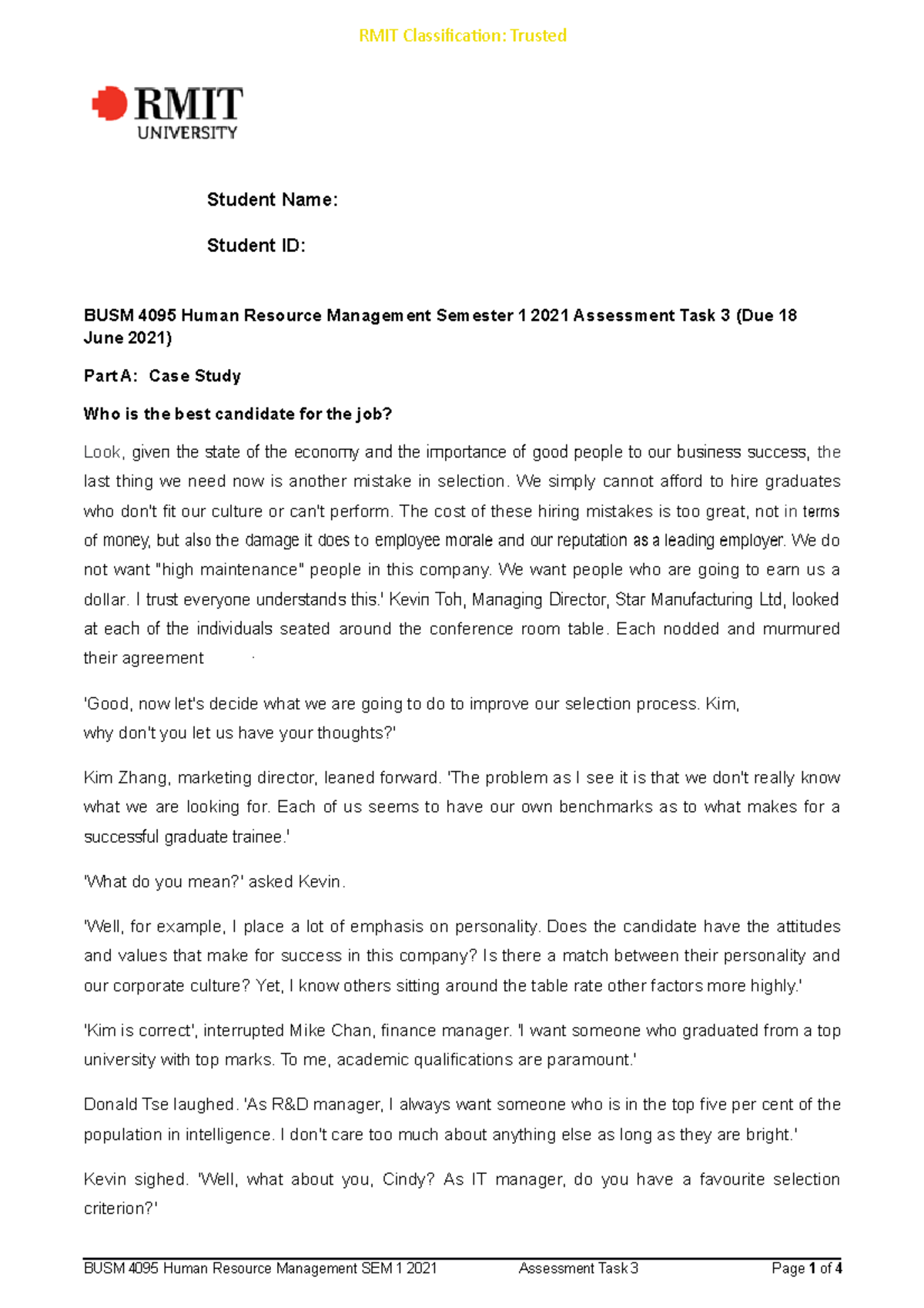 BUSM 4095 Human Resource Management Semester 1 2021 Assessment Task 3 ...