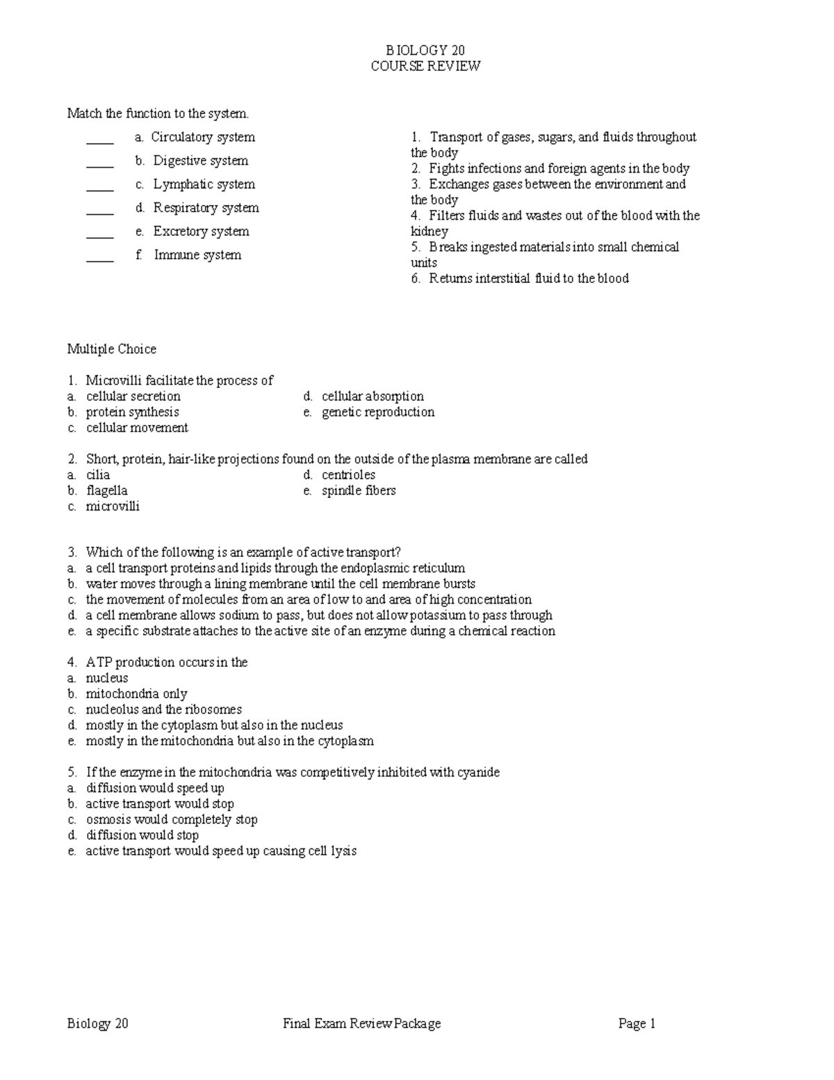 Course Review student copy BIO-20 - BIOLOGY 20 COURSE REVIEW Match the ...