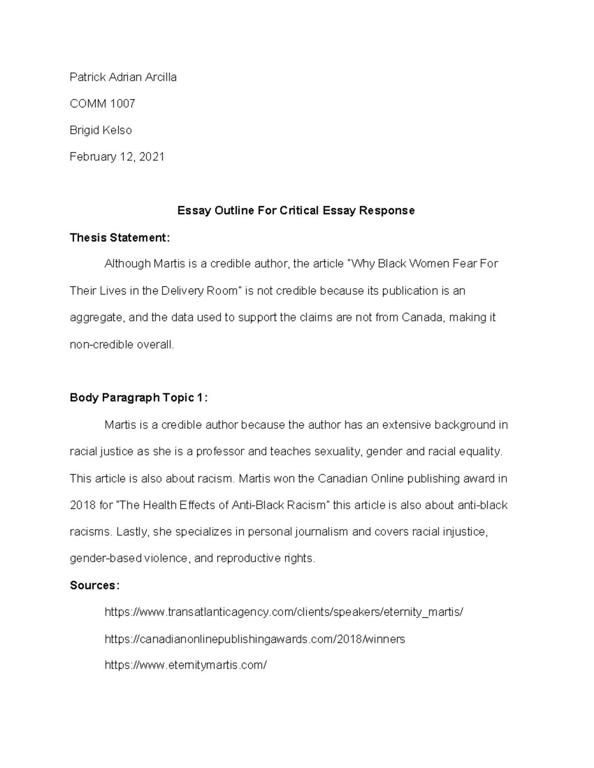 Critical Response Essay Outline - Patrick Adrian Arcilla COMM 1007 ...