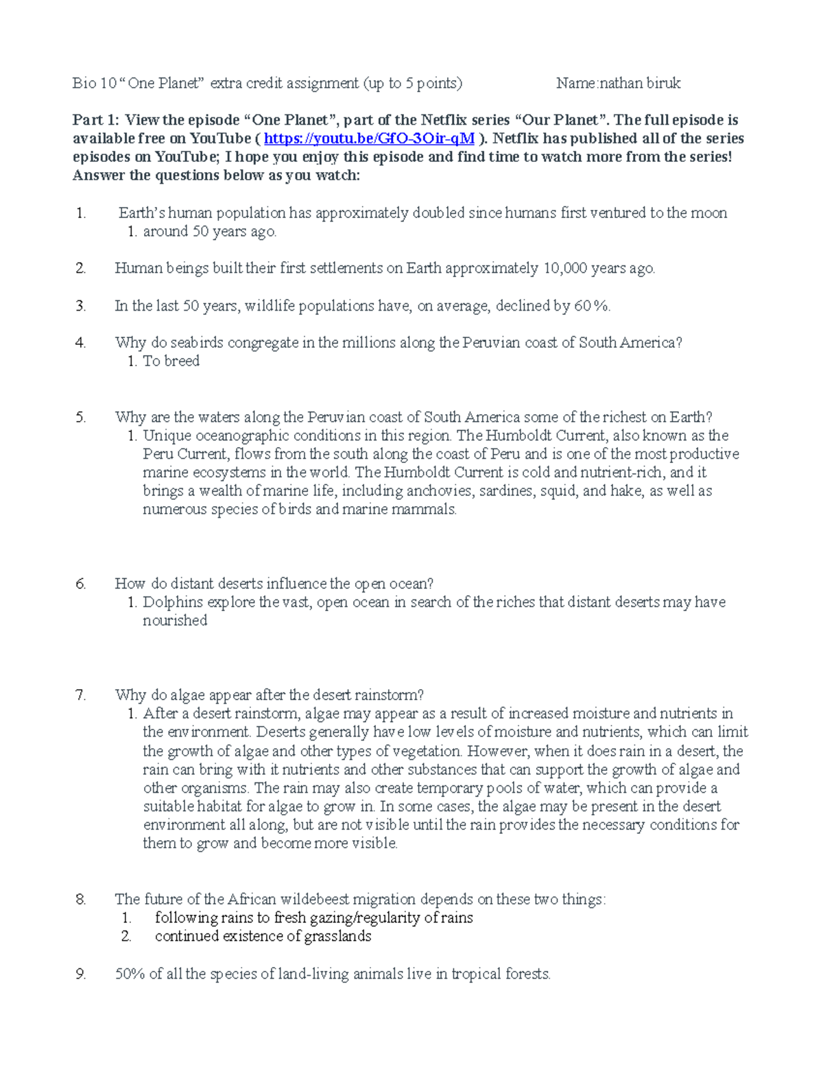One Planet Extra Credit Sp22 - Bio 10 “One Planet” extra credit ...