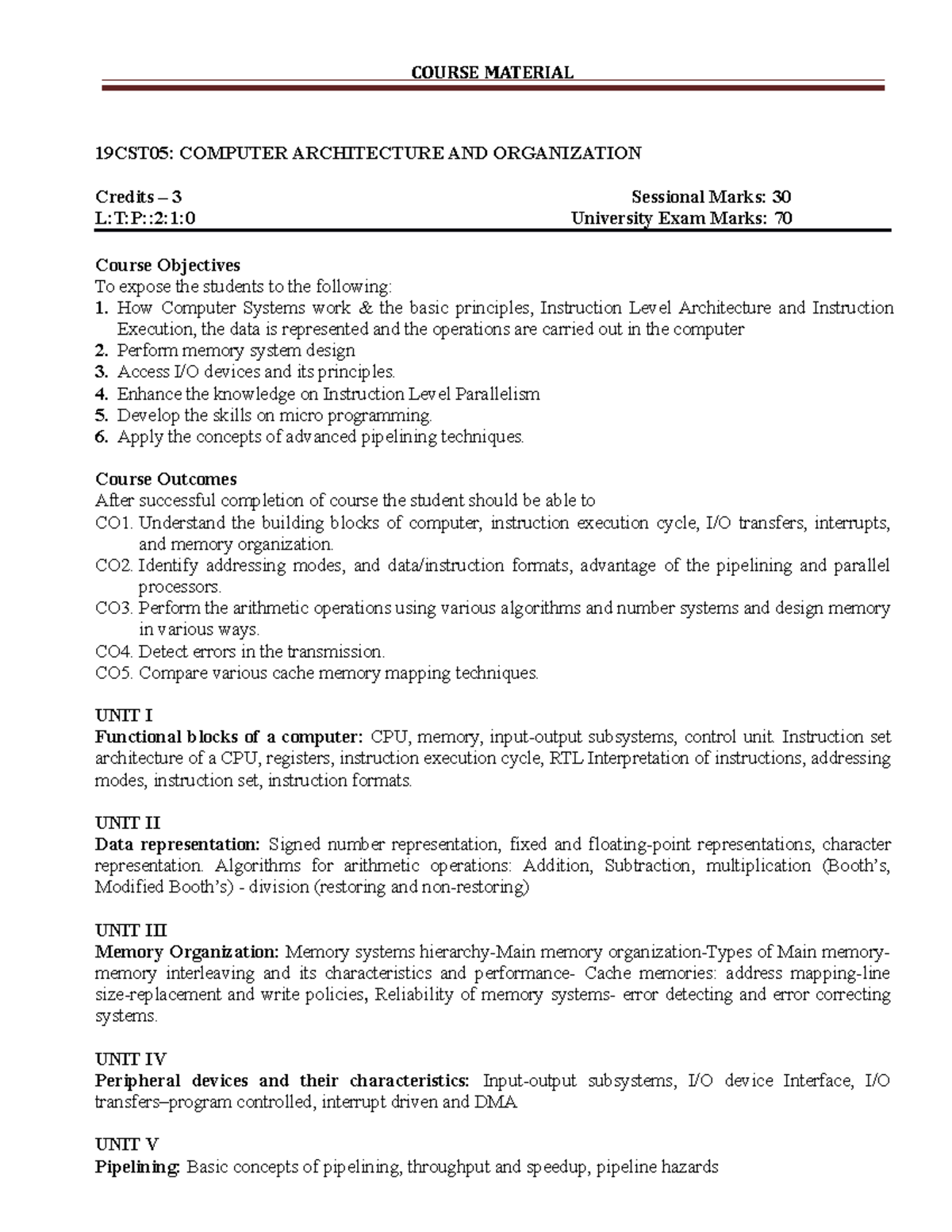 Computer Architecture and Organization - COURSE MATERIAL 19CST05 ...