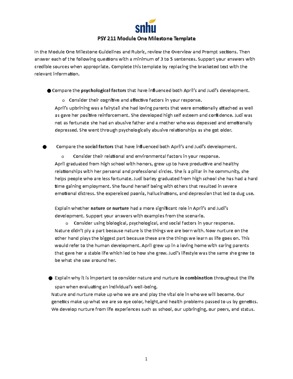 PSY 211 Module One Milestone Template - Then answer each of the ...
