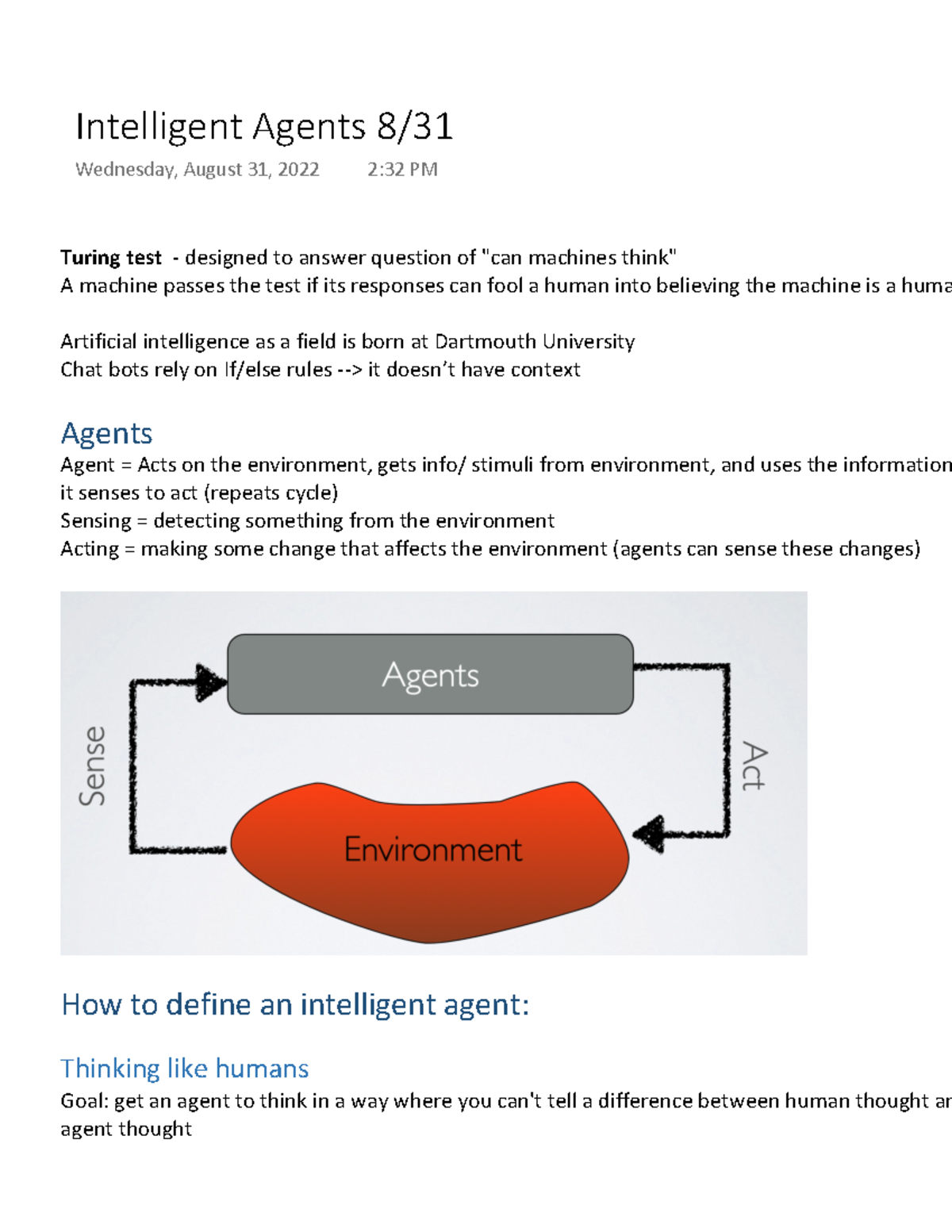 Intelligent Agents - Notes from the first lecture of 311 - Turing test ...