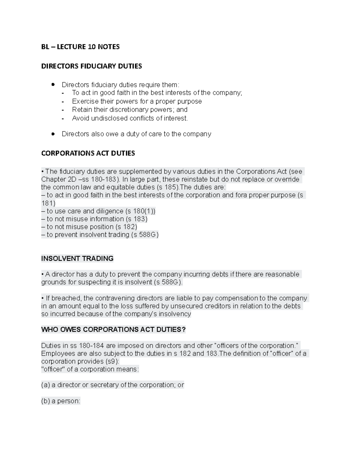 Bl - Lecture 10 Notes - Bl – Lecture 10 Notes Directors Fiduciary 