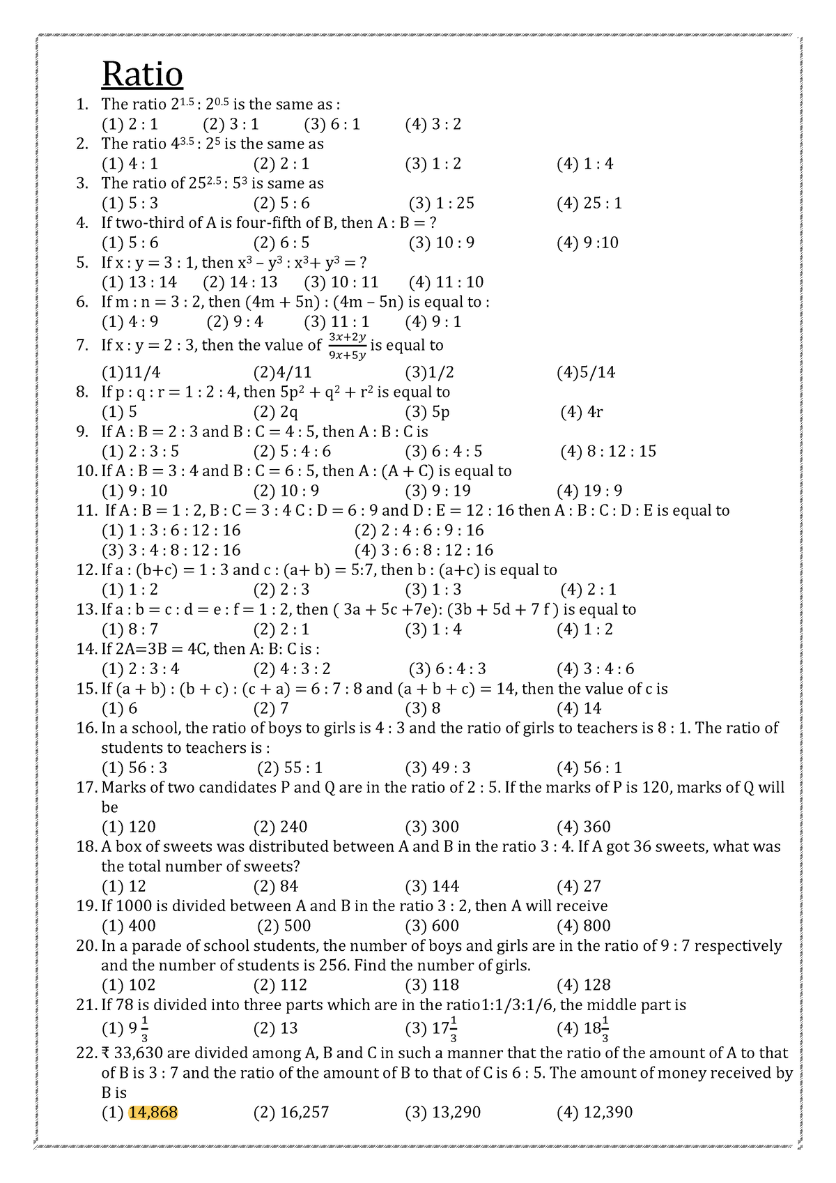 2.ratio home work - Ratio The ratio 21 : 20 is the same as : (1) 2 : 1 ...