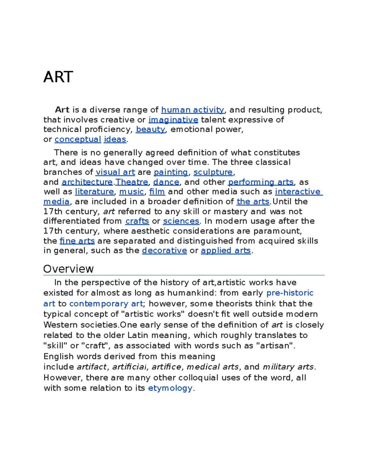 DEFINITION OF ARTS AND ITS EXAMPLE - ART Art is a diverse range of ...