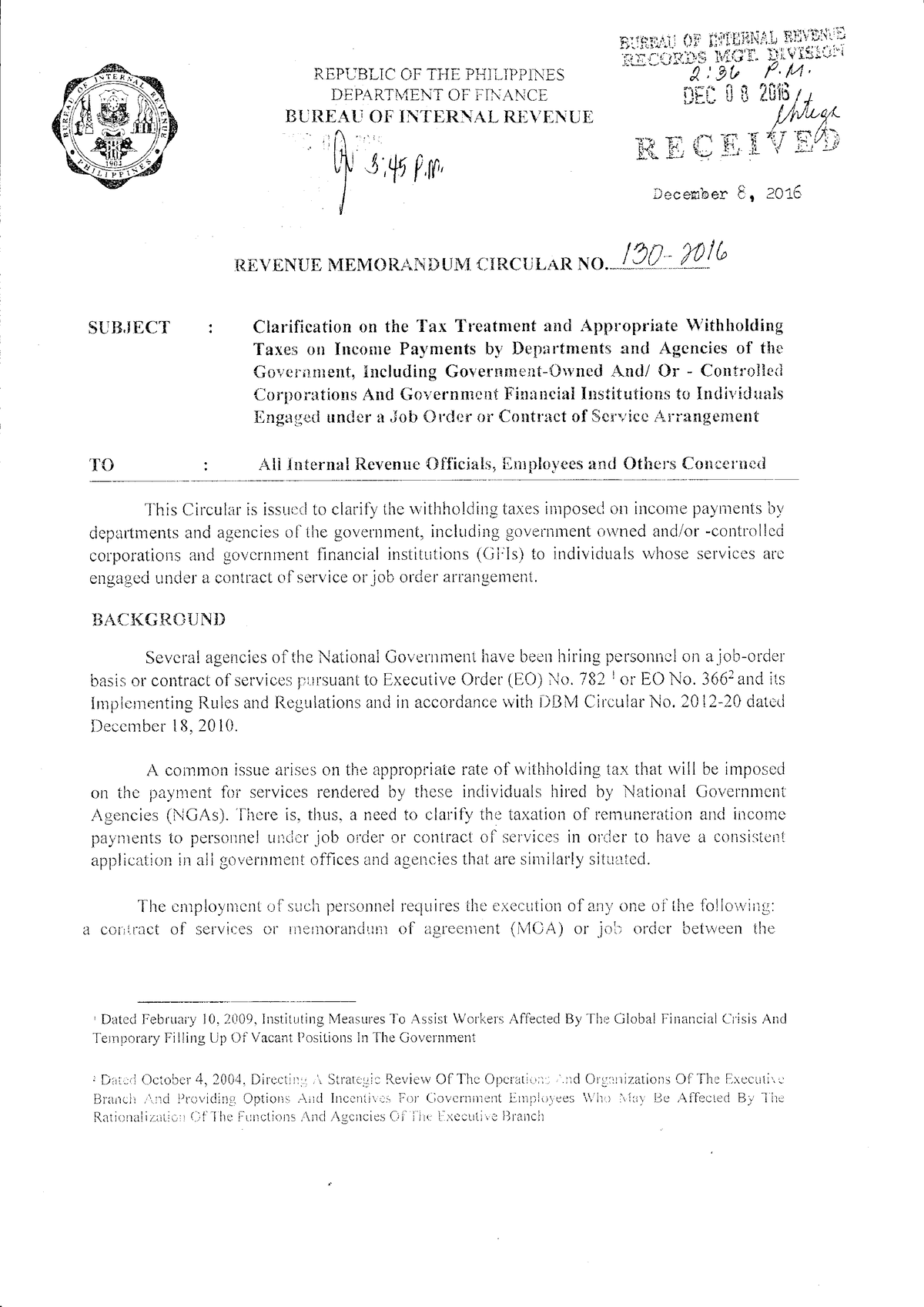 RMC No 130-2016 - Withholding Tax of JO in the Government - EA E 'il si ...