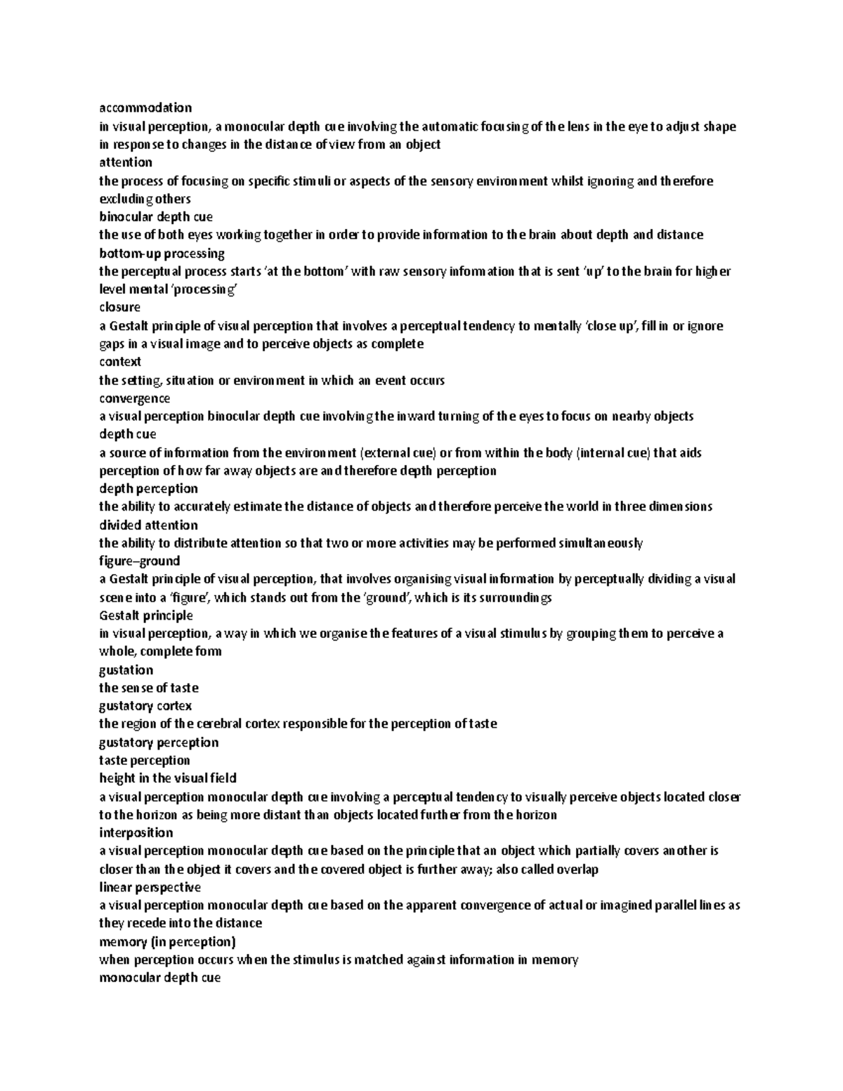 definitions of psych in visual perception, a monocular depth cue involving the